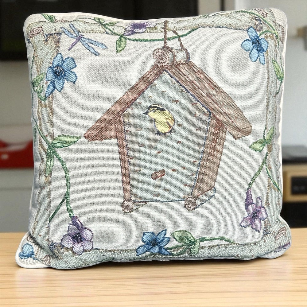 A Safe Place 16"x16" Tapestry Throw Pillow Birdhouse Flowers‎ USA Decor